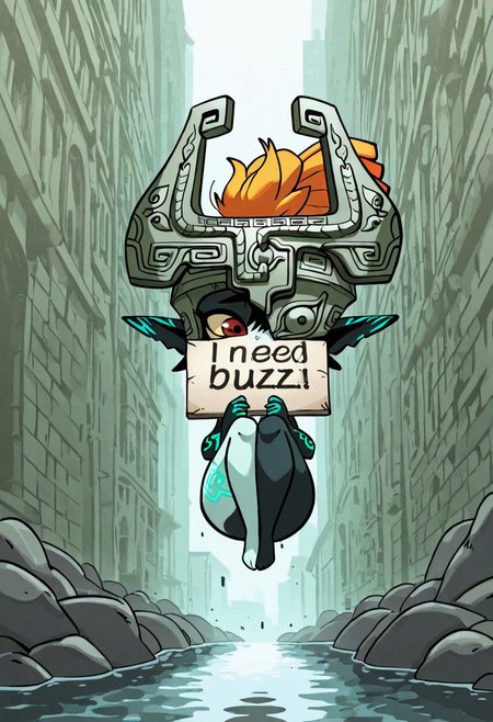 best quality, newest, absurdres, highres, high quality, masterpiece, source anime, 
midna, shameful, floating, legs curled up,
need_buzz, holding sign that says "Need Buzz",
diives,
riverside, detailed background,