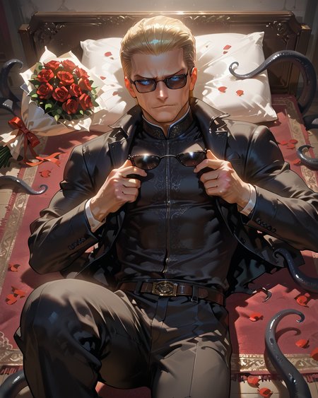 PonyScores7, source_anime, ah1
BREAK <lora:albertwesker-guy-PONYv1:0.8> albertwesker, albert wesker, 1boy, blonde, (sunglasses:1.3), looking at viewer, toned, athletic, fit, slicked back hair, mature male, short hair, (lying bed, <lora:RippingclothesV2:0.8> rippingownclothes, hands holding clothes, torn clothes, hands on clothes, ripped clothes, ripping clothes), (<lora:Indian_First_Night_Bed:0.8> bed, pillow, flower, heart, petals, rose, red flower, carpet, bouquet, red rose, rose petals, ornaments,), ((Enigmatic, Mysterious, puzzling expression)), (focused, intense glare), blue eyes, (angular face, sharp_featured face), handsome, charming, alluring,  <lora:MC_superhuman:0.2> ((black tentacles, black tendrils))
BREAK <lora:xl_more_art-full_v1:0.2>, <lora:shinyskin2:0.2> glistening skin, <lora:aesthetic_anime_v1s:0.2>, <lora:Expressive_H:0.2> Expressiveh, <lora:hairdetailpxl:0.2> hairdetailpxl, <lora:EpicF4nta5yXL:0.2>, <lora:detailxl:0.2> detailxl, <lora:Fant5yP0ny:0.2>, best quality, amazing quality, best aesthetic, absurdres, <lora:expressive eyes:0.2> expressive eyes, <lora:eyedetailpxl:0.2> eyedetailpxl, illustration, Volumetric_Lighting, ultra-detailed, very aesthetic, intricate details, 8k, masterpiece, best_quality
BREAK (High Angle (from behind) view Extreme Close shot (focus on knees))
BREAK <lora:Eyes_High_Definition:0.3> EyesHD, Stable_Yogis_PDXL_Positives, AS-Adult, <lora:Complicated fantasy portrait - XL Pony V2.0:0.4>, bad-hands-5, AS-MidAged,
