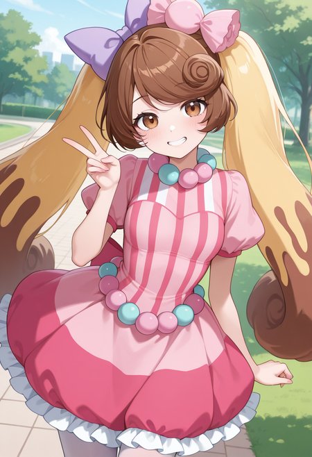 1girl,solo,<lora:candylapinil:0.9>,candylapin_(show_by_rock!!),brown eyes,brown hair,blonde hair,multicolored hair,twintails,long hair,hair bow,purple food-themed hair ornament,pink dress,white pantyhose,striped,short sleeves,puffy sleeves,looking_at_viewer,cowboy_shot,smile,clenched_teeth,v,day,park,masterpiece,best quality,good quality,newest,incredibly absurdres,beads,beads belt,