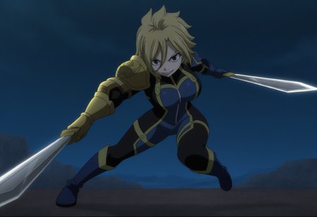 masterpiece, best quality, newest, absurdres, highres, fairy tail, anime screenshot, anime coloring, dark, outdoors, night, 1girl, solo, dimaria, brown eyes, bangs, short hair, blonde hair, hair between eyes, dimaria, brown eyes, bangs, short hair, blonde hair, hair between eyes, multicolored bodysuit, blue bodysuit, black bodysuit, yellow trim, skin tight, single pauldron, yellow pauldron, single gauntlet, yellow gauntlet, evil smile, incoming attack, foreshortening, dynamic pose, dual wielding, full body, blue knee boots <lora:Dimaria_Yesta_all_in_one_last_Illustrious:1>