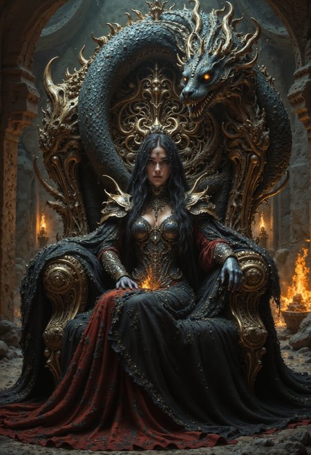 An epic and opulent scene of a Dragon Queen seated on a massive, intricately designed throne made of dragon bones, gold, and ancient gemstones. She is dressed in regal, dark red armor with dragon scale details, and a flowing black and crimson cape. Her fiery eyes and long, flowing hair give her a fierce yet captivating presence. Behind her, a large, chained dragon rests, its scales glowing faintly. The throne room is filled with flickering torchlight, casting shadows on stone walls adorned with dragon carvings. The atmosphere is charged with power, danger, and the heavy scent of smoke and fire. (maximum ultra high definition image quality and rendering:3), maximum image detail, maximum realistic render, (((ultra realist style))), realist side lighting, , 8K high definition, realist soft lighting, (amazing special effect:3.5) <lora:FluxDFaeTasticDetails:0.01> <lora:fluxenhancer:0.5> <lora:flux_realism_lora:0.73>