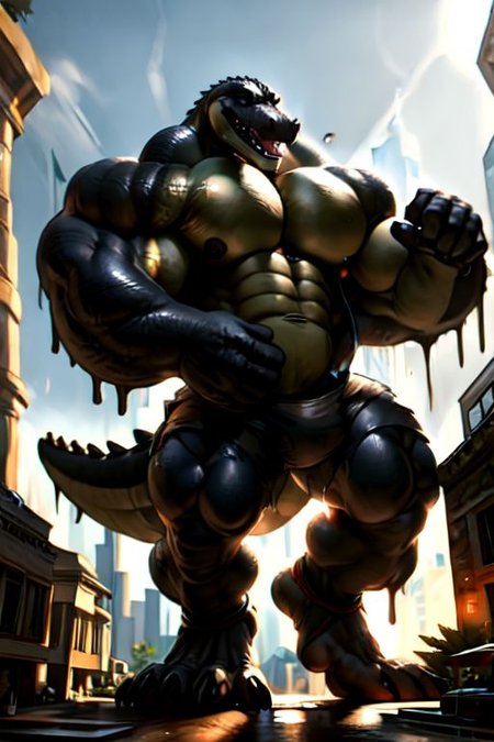 ((full body)), solo, male, saltwater crocodile, crocodilian, crocodylid, muscular male, ((black body, black scales)), black countershading, (countershade torso, countershade legs), digitigrade, detailed eyes, detailed face, (open dress shirt, dress shorts, ankle band), barefoot, (body bursting through skyscraper, building destruction), blobs of green goo on pectorals and mouth, ((torn clothing, ripped clothing)), ((hyper muscles, huge muscles, big muscles)), ((macro, gigantic, huge body, giant, massive, looming)), ((outside, skyscrapers around him)), (((growth, growing, motion lines))), detailed background, amazing background, by tankh, by darkgem, ((masterpiece)), 4k, hd, best details, epic, ((best quality)), (ultra detailed), natural light, sharp, amazing details