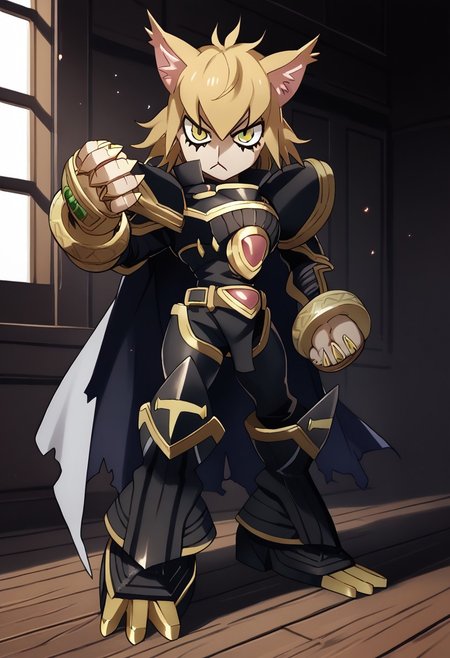 score_9, score_8_up, score_7_up, score_6_up, score_5_up, score_4_up,rating_safe,source_anime,jojo,necoarc,blonde hair, yellow eyes, slit pupils, cat ears, :3, chibi,alphamon,cape,full body,dynamic pose,indoors