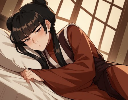 score_9, score_8_up, score_7_up, source_anime, <lora:mai-book2-ponyxl-lora-nochekaiser:1>, mai, sidelocks, long hair, black hair, lunt bangs, hair bun, double bun,, chinese clothes, turtleneck, long sleeves, wide sleeves,, indoors, bed, bed room, on side, blush, drunk, looking at viewer, solo, cowboy shot, dutch angle