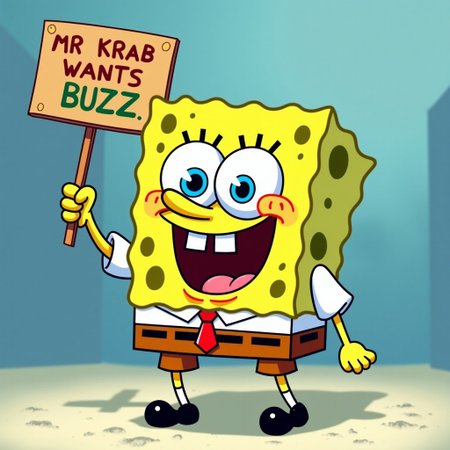 Sponge bob square pants, holding a sign it says "MR Krab Wants BUZZ", source cartoon, professional, detailed,