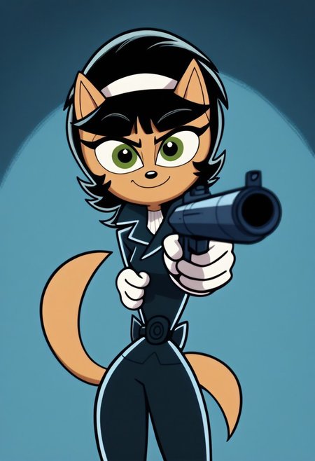 <lora:KittyKatswellPony10:0.8> Kitty Katswell, aiming gun at viewer, solo, tail, gloves, furry, white gloves,black bodysuit,long sleeves,white hairband, smile,  furry female, cat ears, 1girl, cat girl, black hair, short hair, standing, green eyes,score_9, score_8_up, score_7_up, score_6_up, score_5_up, score_4_up, looking at viewer, cowboy shot,