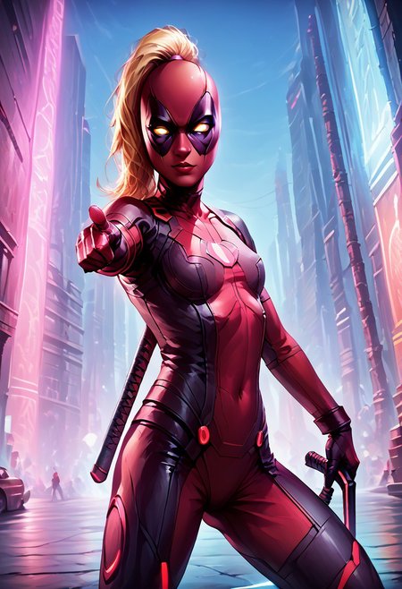 score_9, score_8_up, score_8, 
zzCitronLegacy, 1girl, cyborg lady deadpool, blonde hair, one cyborg eye, glowing eyes, robotic bodysuit, red neon outfit, scifi, looking at viewer, pointing sword, weapon, katana, detailed katana, neon katana, neon lights, futuristic city, 
zPDXL, Expressiveh, lady_deadpool