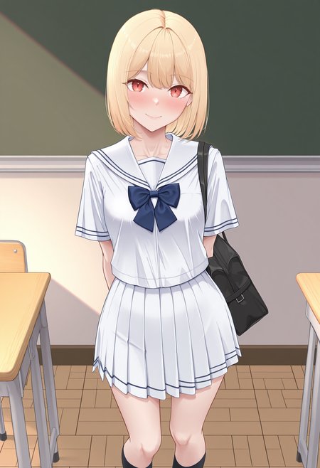 highres, best quality, masterpiece, classroom, 
1girl, solo, kmtnicole, short hair, blonde hair, red eyes,
serafuku, blue bowtie, white shirt, short sleeves, white skirt, black socks, black bag, shoulder bag,
looking at viewer, smile, blush,
arms behind back, standing,
<lora:_nicole_ninagawa-elesico-ilxl_1-000017:1>