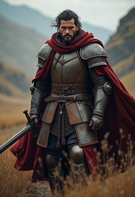 He was cloaked and booted as if for a journey on horseback; and although his garments were rich and handsome, they were stained with long travel. His dark hair was shorn about his shoulders,  he was clad in a coat of mail, and girt with a great long-sword, and he looked at them as if to challenge them to strike. He seemed older and more kingly, yet more like a soldier than before.
His hood was cast back, and his dark hair was blowing in the wind, a light was in his eyes: a king returning from exile to his own land.