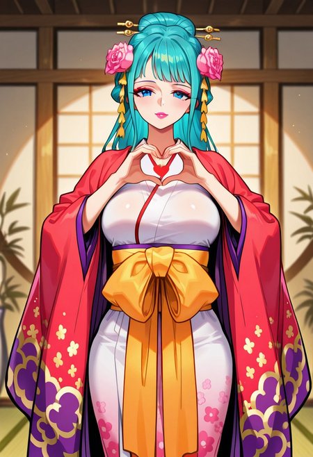 KouzukiHiyoriOP, 1girl, solo, slim woman, beautiful woman,  long hair, turquoise hair, aqua hair, hair reaches her waist, blue eyes, makeup, lips, fuchsia lipstick, hair ornament, hair flowers,  large breast, extremely opulent red furisode kimono, japanese clothes, wide sleeves, sash, geta, kanzashi, tabi, sandals,
seductive pose, sexy pose, tease, 
masterpiece, best quality, ultra-detailed, very aesthetic, detailed background, very aesthetic, newest, scenery, highres, 4k, absurdres, 8k, colorful,vibrant, glowing, perfect face, 2d, perfect eyes, detailed eyes, 
 masterpiece, best quality, ultra-detailed, very aesthetic, newest, scenery, absurdres, perfect anatomy, , perfect face, perfect eyes, clear eyes, beautiful eyes, athletic, curvy body, athletic girl, perky tits, perfect tits, round breasts, 
cover page, foreshortening, heart hands,
Smooth Negative,