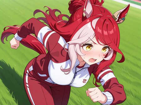 masterpiece, best quality, amazing quality, very aesthetic, absurdres, newest,shiny skin,, anime screenshot,  anime coloring, ,
 <lora:LovesOnlyYou:0.9>1girl, solo, animal ears, horse ears, , yellow eyes, horse girl, horse tail, , multicolored hair, red hair  heart tattoo, tracen training uniform , sweat,  open mouth,  red_pants long sleeves,  running,  race_field grass from side