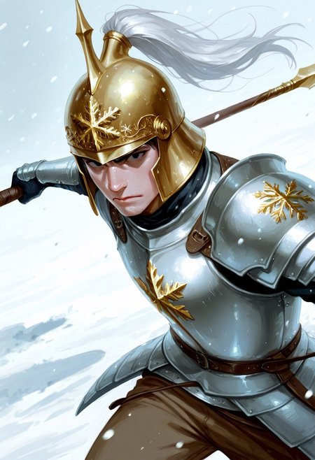 realistic shading, natural lighting, expressive serious face, machawdw-helmetted 1male focus, gold-white_machawdw_ponytail helmet, black eyes, eye_focus, holding spear, spear, fighting stance, cuirass, brown pants, armor, shiny skin, cowboy shot, snowing, snowflake, surreal, symbolic background, shadow, foreshortening, dutch angle, dynamic angle, dynamic action, intricately detailed illustration, cinematic, depth of field, atmospheric perspective, masterpiece, best quality, amazing quality, very aesthetic, absurdres, newest