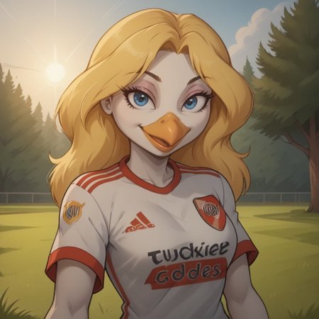 score_9, score_8, BREAK, solo, blonde hair, bird girl, humanoid bird, furry, beak, white skin, blue eyes, RiverPlate, striped shirt, striped, shirt, white shirt, short sleeves, clothes writing, sportswear, soccer uniform, Gandra_Dee_(DuckTales), sexy pose, self portrait, smile, outdoors, sunlight, shadows, evening lighting, natural lighting, forest, trees, grass, orange sky, sunset