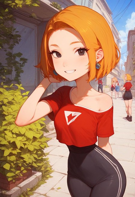 score_9,score_8,score_7,score_8_up,score_7_up,
(source cartoon), NSFW, girl, full body,
<lora:LorMcQuarrie_PXL_Leaf1:1> lormcquarrie, 1girl, solo, blonde hair, short hair, black eyes, red shirt, short sleeves, upper body, outdoors, looking at viewer,
narrow waist, slim, wide hips, short hair, earrings, perfect round breasts, eyelashes, smiling,
crop top, (miniskirt or leggings), tight clothing,
cleavage, shoulder slip, bare shoulders, narrow waist, wide hips, 
looking at viewer, outdoors, natural light, sunny, riverside,
<lora:Expressive_H:1> Expressiveh,
<lora:add-detail-xl:1>