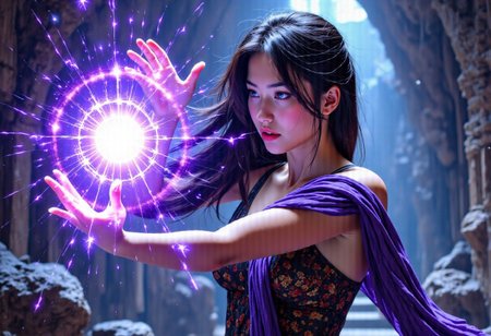 1younggirl, Masterpiece, 8k, ultra high detail, score_7 up, 
volumetric lighting, vivid colors, vibrant colors,  score_8_up, score_9,  very small breast size, very long open midnightblack hair with nightblue shiver,  fcNeg, stunning blue halfasian eyes, suntan skin, small nose, innocent beauty, slim face,  cute face, skinny body, perfect body, extreme detailed body, intence blue eyes,  perfect face, ultra high detailed face, perfect eyes, very petite, human ears, 
Innocent face, innocent beauty, 
Tan Poor Medieval fantasy clothes, ready to fight, 
using violett powerfull magic, magic violett lighting, highly concentrated, casting spell with both hands, 
Huge magical temple in background, fighting agains huge spider, surrounded by spider, spiderweb, 
Fighting agains monsters, using Powerfull magic, using attack magic, fighting scene, Final Attack, aura, magic, bright eyes,  BadDream, final magic attack, ultimate magic attack, energy aura, massive magic attack, 
Kamehameha-Charge,hands cupped together,bent elbows,arms on waist level, holding a glowing orb with massive energy vortex, massive intense magic vortex whirling around girl, mythp0rt, detailed hands,