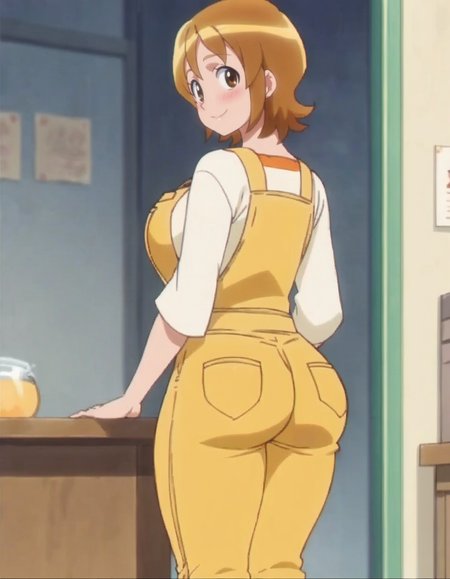 score_9, score_8_up, score_7_up, anime screencap, solo,1girl,omoriyuko, 1girl, solo, yellow overalls, smile, looking at viewer,  standing, shirt, large breasts,wide hip,cowboy shot, blush,from behind,huge ass<lora:omoriyuko:0.8>