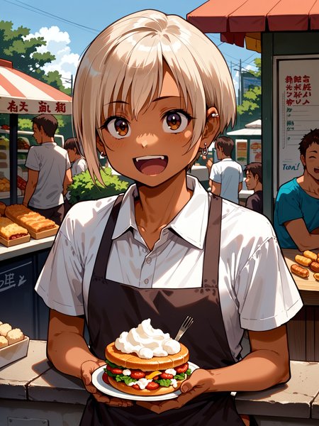 (cowboy shot, solo focus:1.1) <lora:happy_tentacle-cherry_asuka-v0.1-000030:1>, ht_cherry_asuka, earrings, tan, brown eyes, (petite:1.2), <lora:Shed_The_Skin's StS_age_slider_v1_initial_release:-1.1> ( :1.1) ( , , (excited :1.2) , , (looking at viewer:0.6) :1.2) , outdoors, vegetation, ( :1.1), , (day :0.6), (cloudy sky:0.6) , (:0.5), people , ( :0.9), (food stand, behind counter:1.2), food, brown apron ( :0.8) score_9, score_8_up, score_7_up, score_6_up, score_5_up, score_4_up, ( [(realistic, photorealistic:1.3):(realistic:1.2):16] [(3d:1.2)::14] :1) <lora:LUUNA's Lunas-NijiJourney-SDXL-B2:0.35>, nijijourney <lora:prgfrg23's Counterfeit-V3.0 Style SDXL_LoRA_Pony Diffusion V6 XL:0.5> <lora:mfcg's mfcgXL:0.12> <lora:reweik's gyokai(himehajime)_PonyXL_style_v01:0.14>