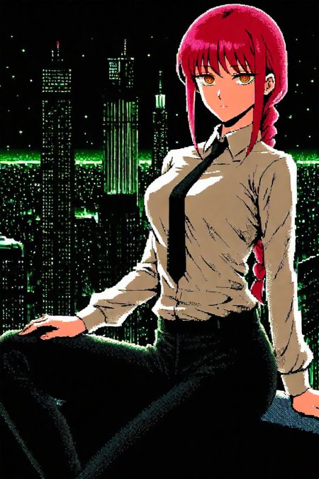 <lora:mak1ma0XL_Pony_v1:0.6> , mak1ma0, makima, red hair, long hair, ringed eyes, braid, white collared shirt,black necktie, black pants, 1girl, solo, alone, city background,<lora:retro_game_style_illustriousXL:1>, retro_game_style, masterpiece, highres