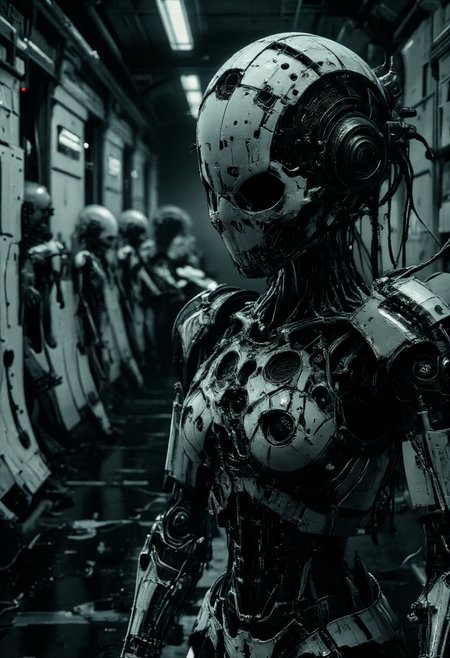 (Dark sci-fi horror corridor, stretching from left to right, with rows of deformed robots standing eerily like mannequins from Silent Hill. Each robot is slightly damaged, with missing parts and unsettling poses, while their bodies remain still, they have all turned their heads towards the viewer, staring intently, with pitch-black blood like tar flowing from their eyes, cracked or fractured heads and limbs, casting eerie shadows on the white, cracked walls and black marble floor. The atmosphere is haunting, with dim, cold lighting that enhances the sense of dread, creating a surreal, unnerving corridor scene. Rendered in hyper-realistic detail, the image is smooth and sharp, with every element captured with crystal-clear precision and lifelike clarity. highly detailed, ultra detailed),  <lora: - Flux1 - vanta_black_V1.0:0.5>,  <lora:ck-nc-pastel-cyberpunk:0.6>,  <lora:Neon_Noir_FLUX:0.5>,  <lora:scifi-robot-flux:0.7>, <lora:HORROR_lora.TA_trained:0.85>