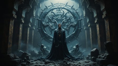 In a dimly lit cave, an emperor's crest implodes, surrounded by swirling vortexes of ink-like tendrils. The once-proud emblem now dissolves into a sea of darkness, as if consumed by its own despair. A single spotlight shines from above, casting an eerie glow upon the destruction.  The emperor himself stands at the center of this chaos, his face contorted in anguish as he gazes to the left, away from the devastation. His eyes seem sunken, weighed down by the crushing weight of defeat. His regal attire lies tattered and stained, reflecting the turmoil, <lora:Flux_Turbo_Alpha.safetensors:1.0> <lora:Space-flux.safetensors:0.5> noc-space, space background <lora:aidmaImageUprader-FLUX-v0.3.safetensors:0.4> aidmaimageupgrader