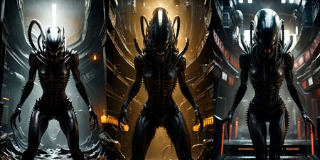 (otherworldly), highly insanely detailed, masterpiece, top quality, best quality, highres, 4k, 8k, RAW photo, (very aesthetic, beautiful and aesthetic), 
__lazy-wildcards/cosplay-char/alien-predator/xenomorph/prompts__, 
<lora:FemXeno:0.8>, 
(1girl:1.3), eyes focus, 
__lazy-wildcards/dataset/background__,âââ