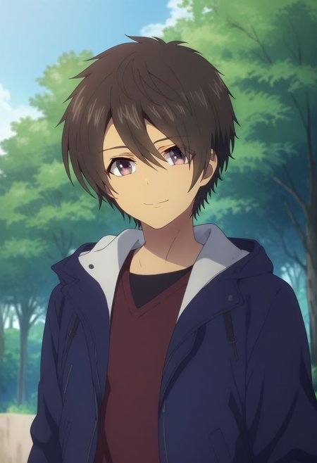 score_9, score_8_up, score_7_up, source_anime, highly detailed, 
tsumugu, 1boy, male focus, solo, jacket, outdoors, hood, hair between eyes, red shirt, looking at viewer, upper body, tree, shirt,  black eyes, dark brown hair, smile,
outdoor,