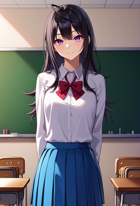 yonagi_kei, black hair, purple eyes, long hair, ahoge, small breasts, school uniform, white shirt, blue collared school uniform, blue skirt, red ribbon BREAK indoor, classroom bar, BREAK cowboy shot, looking at viewer, standing,closed mouth, sexy smile, front view, flirty,arms behind back BREAK score_9, score_8_up, score_7_up, source_anime ,zPDXL,  <lora:Yonagi_Kei:0.8>, comic
