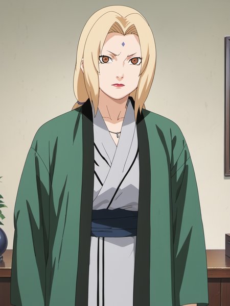 naruto style, hard shadows, anime_screencap, anime_core, score_9, score_8_up, score_7_up, solo, <lora:tsunade_train_v5:0.9>, woman,tsunade,brown eyes,uper body,sunade's green Jacket \(outfit\), front hand ,red nails,indoors, looking at viewer,  front view