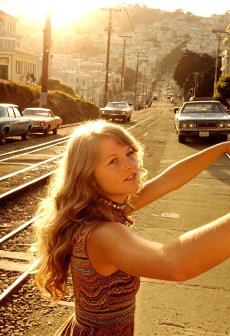(((masterpiece, best quality, amazing quality, absurdres, realistic, detailed skin, dynamic angle))),
(((cute face closeup)))
realistic street photography, 1970s San Francisco, young woman, 20 years old, blonde, long wavy hair, hippie, chest and face, side view, turning head to viewer, (((arm outstretched towards the viewer:1.3))),serene expression,lips apart, teeth, natural movement, cute, freckles, dust light, vintage 70s short tight dress, stretch fabric, psychedelic patterns, high collar ,sleeveless, 
urban San Francisco background: steep hilly street, tram rails, vintage cable car classic 70s cars parked on the sides, street lamps, overhead wires. warm sunset light, long shadows, soft golden hour lighting, sharp focus on subject, slight depth of field blur on background, film grain, subtle desaturation, high detail, high realism, high resolution, photo taken on the spot