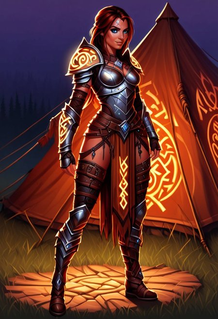 1woman, nomadic dancer, Flashfire glowing runes, digital art, cartoony realism, full body leather armor, background is nomadic tents