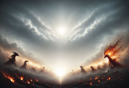 cinematic_photo, mad-abvthclds, clouds, mad-embr, fire, (giant_flaming_dragon:1.25) in the distance, (group_of_knights in the foreground:1.5), ominous, dark, chiaroscuro, low-key,