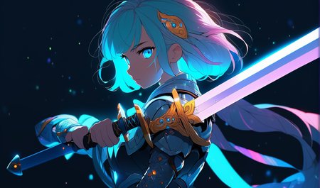 sword focus, cute, masterpiece, best quality, 1girl, solo, futuristic, intricate sword, looking at viewer, black background, simple background, glow in the dark, sci-fi, multicolored hair, aqua eyes, warrior
