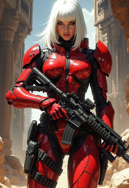 Abstract digital painting in the style of ck-js, concept art, futuristic, masterpiece, female space pirate in red and black power armour, long straight-cut white bob, bangs, dramatic make-up, thigh straps with holsters, holding assault rifle, in fortress stronghold, dynamic image, cinematic