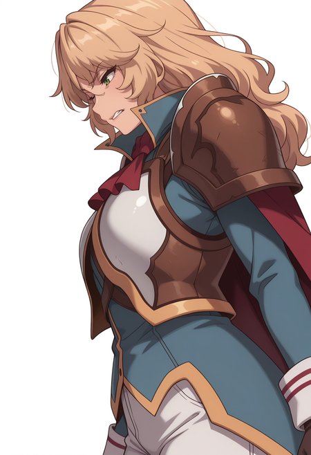 Smooth Quality,masterpiece,very intricate, high quality details, ultra realistic, high detailed skin,detailed enviorement,absurdres,
simple background, white background,
,from side,grimace,wince,
 <lora:Blade_cnn:0.8>
bladecnn,1girl,  blonde hair, green eyes, long hair, 
armor, uniform, long sleeves, gloves, white pants, ascot,shoulder armor,
cape, coat,