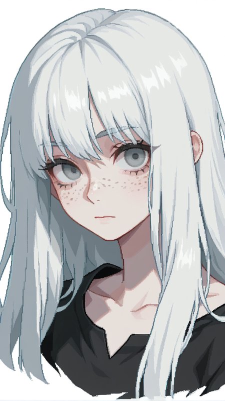 1girl, solo, long_hair, looking_at_viewer, bangs, simple_background, shirt, white_background, closed_mouth, upper_body, white_hair, grey_eyes, black_shirt, freckles, cropped_torso