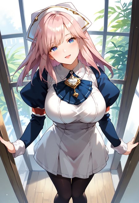 score_9, score_7_up, hd, (ultra hd quality details), source_anime, indoors,
solo, 1girl, gbfgab, pink hair, large breasts, huge breasts,
maid, nurse cap, white and blue dress, juliet sleeves, armband, long sleeves, black pantyhose,
looking at viewer, blush, open mouth, parted lips, smile, head tilt, 
thighs, from above, skirt pull, standing,
<lora:_gabriel_gbf-elesico-ponyr1:1>