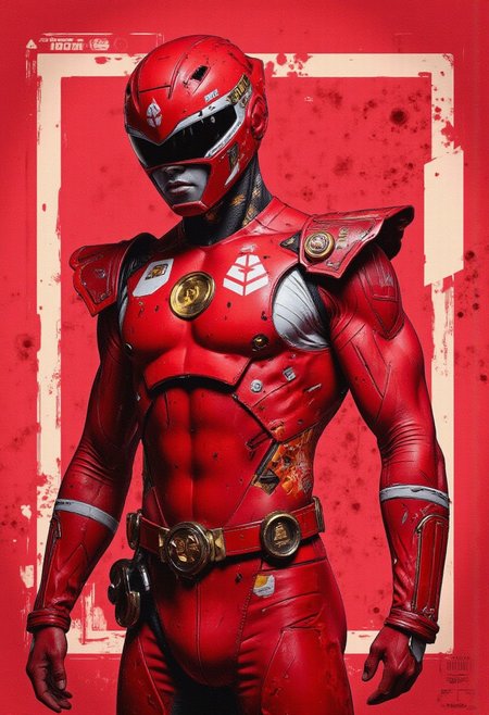 illustration concept of power ranger red in neonpunk style, the costume is really tight that shows every inch of the muscles, close up, dynamic pose,