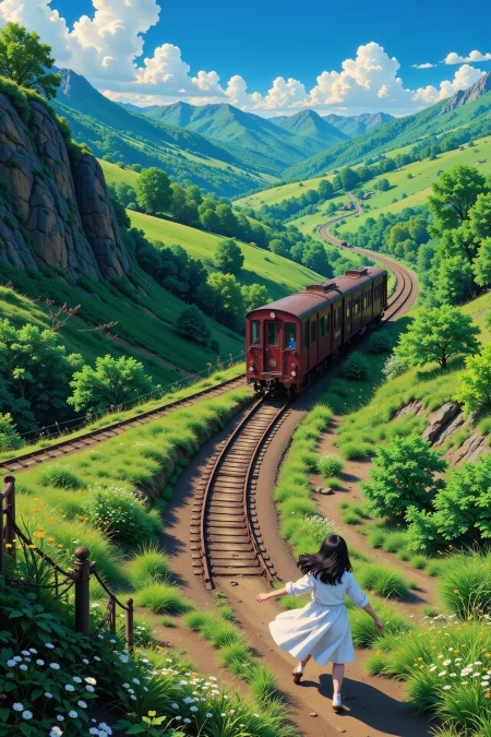 A woman running to catch a train beautiful  landscape, day, woman, very intricate, very detailed, sharp, bright, colorful, <lora:Hand v2:0.5> <lora:Anti-Blur:1><lora:Insane Detail Slider:0.25>  <lora:flux.1_lora_flyway_Epic-detail_v2:0.3> <lora:fluxenhancer:0.25> <lora:Anime_style:0.6> anime style