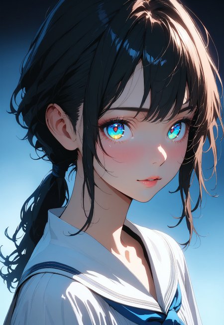 (masterpiece, very aesthetic:1.4), ultra-detailed, best quality, incredibly absurdres, Accurate, 
minimalistic, cinematic, (lineart:1.2), (soft lighting:1.2),  silver theme, blue sheen, portrait, upper body, 
simple background, 
BREAK 
a young adult, college age,  (flat chest, mature body:1.3), white pearl skin, 
(small face), Fine-boned face, beautiful detailed face, 
BREAK 
(black hair with blue tint), asymmetrical cut,  short low ponytail, nape, long sidelocks, (shiny glossy hair:1.2), 
BREAK 
aqua eyes, (eyes with shifting iridescent colors), slant eyes, glass-like eyes are blurry and dreamy, (beautiful detailed eyes:1.3), growing eyes, long delicate eyelashes, Meticulous Eyelash Details, 
BREAK 
(white sailor dress:1.2), short sleeve, indigo ribbon tie, 
thin leather belt, 
(gorgeous lips:0.7), 
(light smile:0.7), close mouse, 