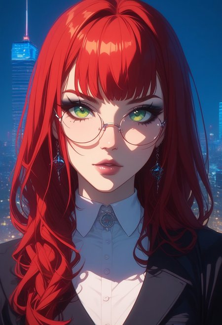 score_9,score_8_up,score_7_up,score_6_up,score_5_up,score_4_up, digital art, female portrait, semi-realistic, 3D illustration, GLSHS, high-resolution, 1girl, solo, partially covered in shadow, pastel colors. city skyline in window, glass office background, night, goth girl, red hair. close-up, wearing a suit, pretty girl with long hair, tied hair, wearing round glasses, green eyes, lips, makeup, looking at viewer,