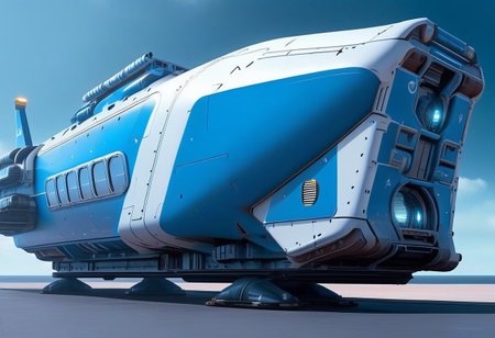 sci-fi, Futuristic, aJed-Rst, Rusty  spaceport,  (((beautiful, hyper realistic, high quality, highly detailed))), sleek blue neotech spacecraft (freighter), tarmac,