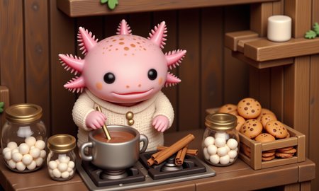 top down tilt shift image of tiny cute anthropomorphized axolotls with pink frilly gills and round black eyes,  close-up of a pink axolotl in a tiny cabin kitchen, bundled in a knitted sweater and standing by the stove, stirring a pot of hot cocoa; its round black eyes are relaxed, and its frilly gills sway with the movement of the spoon; small jars of marshmallows, cinnamon sticks, and a tray of holiday cookies sit on the counter, with the tilt-shift effect blurring the rustic wood-panel walls, creating a warm, nostalgic feel of a holiday kitchen filled with delicious aromas<lora:Axomodel_Flux_V2.safetensors:1.0:1.0> <lora:isometric.safetensors:1:1>