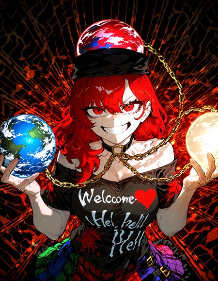 1girl, solo,  hecatia_lapislazuli , soft lighting, grin , looking at viewer, pov,chain, choker,  earth_(ornament) , hair_between_eyes, hat, moon_(ornament) ,  teeth, underworld_(ornament) , v-shaped_eyebrows, incoming attack, 
, ssambatea, quasarcake, Fishine,optical illusion,
masterpiece, best quality, amazing quality, very aesthetic, absurdres,  newest, (volumetric lighting),
<lora:cfg_scale_boost:0.5>, <lora:ponyv5_noobE11_1_adamW:0.5>, <lora:illustrious_noobai_epsilon_pred_1_best_quality_v1:0.5> ,<lora:illustrious_noobai_epsilon_pred_1_masterpieces_v1:0.5> ,<lora:illustrious_noobai_epsilon_pred_11_very_aesthetic_v1:0.5>