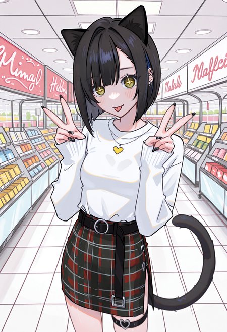lineart, pencil art,
solo, cowboy shot, shopping mall,
1girl, catgirl, skinny, bob hair, asymmetrical bangs, black hair, black cat ears, black cat tail, yellow eyes, dark circles under the eyes, small breasts,
tongue out, v, double v, looking at viewer, + +, :p, symbol-shaped pupils, smile,
thigh strap, long sleeves, black nails, nail polish, white shirt, plaid skirt,
<lora:hamafuguIL-style:1.2>,hamafugustyle,