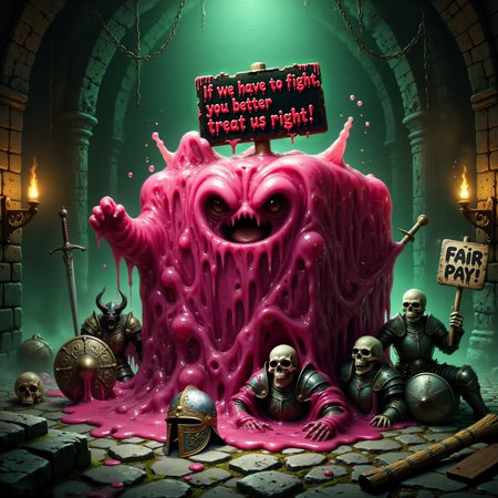 famous artwork, sfumato, epic composition following the rule of thirds, low angle view from below, extremely detailed award-winning masterwork fantasy-style oil painting, an atmospheric scene featuring a crimson red gelatinous cube on strike inside a dark, damp dungeon, the cube has a gooey appendage holding a strike sign with the words "If we have to fight, you better treat us right!" in dripping green, uneven lettering, surrounding the cube are other monsters - an angry kobold with crossed arms, a skeletal archer holding a picket sign with a broken arrow through it, and a snarling, horned demon, the dungeon is lit by flickering torches, casting long, dramatic shadows over the ancient stone walls and crumbling structures, rusty chains hang from the ceiling, and eerie green mist swirls at the floor level, the cube has engulfed adventurersâ gear, including swords, helmets, and shields, while the other monsters stand in solidarity with determined expressions, the overall scene feels tense yet oddly humorous as these fearsome creatures unite in protest, the dungeonâs grim atmosphere contrasts with the absurdity of the strike, highly detailed background, hud_dr1ppy, <lora:gelatinous_cube-flux-by_oneviolentgentleman:0.96> <lora:dripping_font-flux-by_headupdef:1.0>