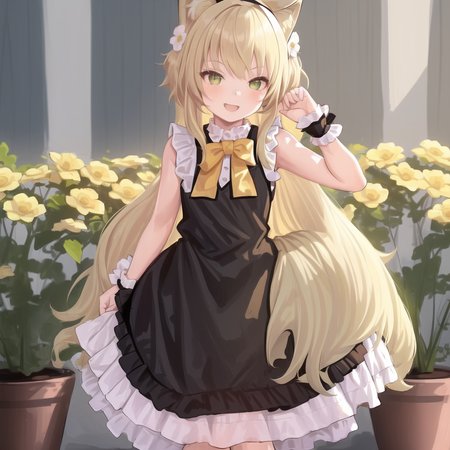 1girl, :d, animal ear fluff, animal ears, bangs, black hairband, blonde hair, blurry, blurry background, depth of field, dress, flower, flower pot, frilled dress, frills, green dress, green eyes, hairband, holding, long hair, open mouth, pink flower, plant, potted plant, sketch, sleeveless, sleeveless dress, smile, solo, tail, twitter username, wrist cuffs, yellow flower <lora:Fkey:0.7>