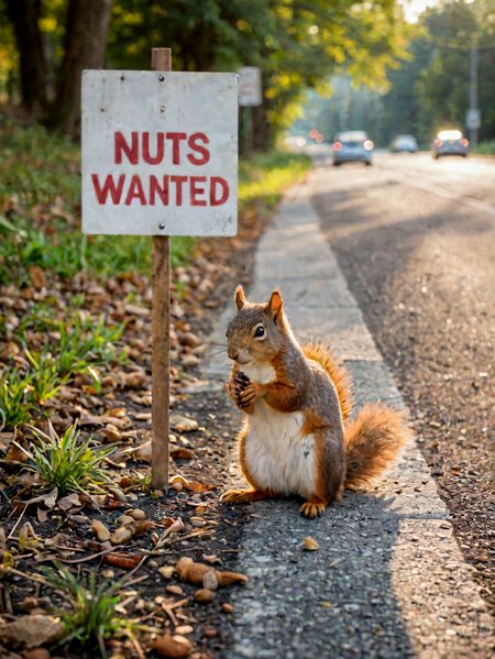 Sony A7, soft lighting. 

A squirrel standing on the side of the road with a sign that says "Nuts wanted"

soft watercolor.


