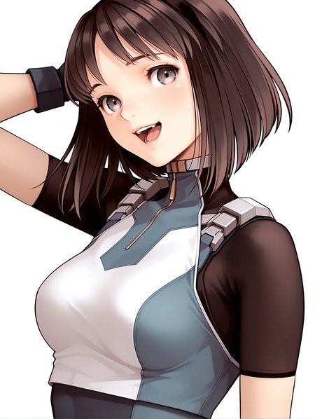 masterpiece,best quality,newest,
1girl,solo,
<lora:nagase_mari_ilxl_v1.0:1>,mari,black hair band,bob_cut,brown hair,grey eyes,
r_suit,turtleneck,skin tight,bodysuit,crop top,short sleeves,fingerless gloves,leotard,<lora:Fixhands_anime_bdsqlsz_V1:1>,looking_at_viewer,cinematic_angle,looking_at_viewer,white_background,simple_background,upper_body,face_focus,laughing,scratching head,gasping,