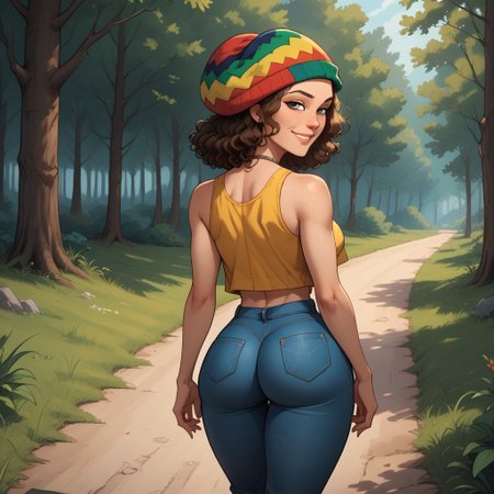 score_9, score_8, BREAK, solo, multicolored jamaican headwear, brown hair, curly hair, freckles, lips, necklace, yellow crop top, navel, brown vest, blue long jeans, flip flops, Total Drama, Laurie_(\Total_Drama\), breasts, sexy pose, self portrait, smile, looking at viewer, cowboy shot, (((from behind, looking back, ass focus, big butt))), outdoors, sunlight, shadows, evening lighting, natural lighting, forest, trees, grass, orange sky, sunset