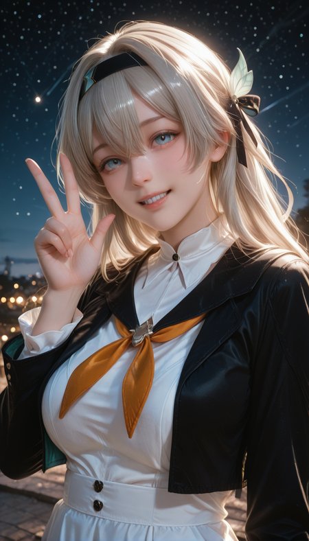 <lora:LCMTurboMix_Euler_A_fix:1> <lora:example_SDXL:0.3>, EZRealPONYXL, <lora:Dramatic Lighting Slider:3> <lora:realistic filter [IL]:1>
DSLR,realistic,cosplay photo, (very awa,masterpiece,best quality,year 2024,newest,absurdres,highres:1), realistic,skin texture,facial features, photography shot with Canon EOS 5D Mark IV , realistic, RAW, best quality, masterpiece, amazing quality, skin details,
1girl, highly detailed beautiful face, large natural breasts,
detailed background, shiny skin, dutch angle, night, moonlight,
beautiful detailed eyes, intricate details, absurdres, anime screencap,
<lora:Hotaru_HonkaiStarRail_ILXL_kill0825:1>
HSHotaru, 1girl, solo, long hair, breasts, looking at viewer, blush, smile, open mouth, blue eyes, shirt, long sleeves, hair ornament, dress, bow, ribbon, hair between eyes, jacket, white shirt, upper body, white hair, grey hair, hair ribbon, multicolored hair, sidelocks, :d, hair bow, outdoors, hairband, teeth, sky, hand up, white dress, black jacket, neckerchief, v, upper teeth only, night, hair intakes, black hairband, star (sky), night sky, cropped jacket, w, yellow neckerchief, shooting star, two-tone eyes, orange neckerchief, blue pupils, crossed bangs, two-sided fabric